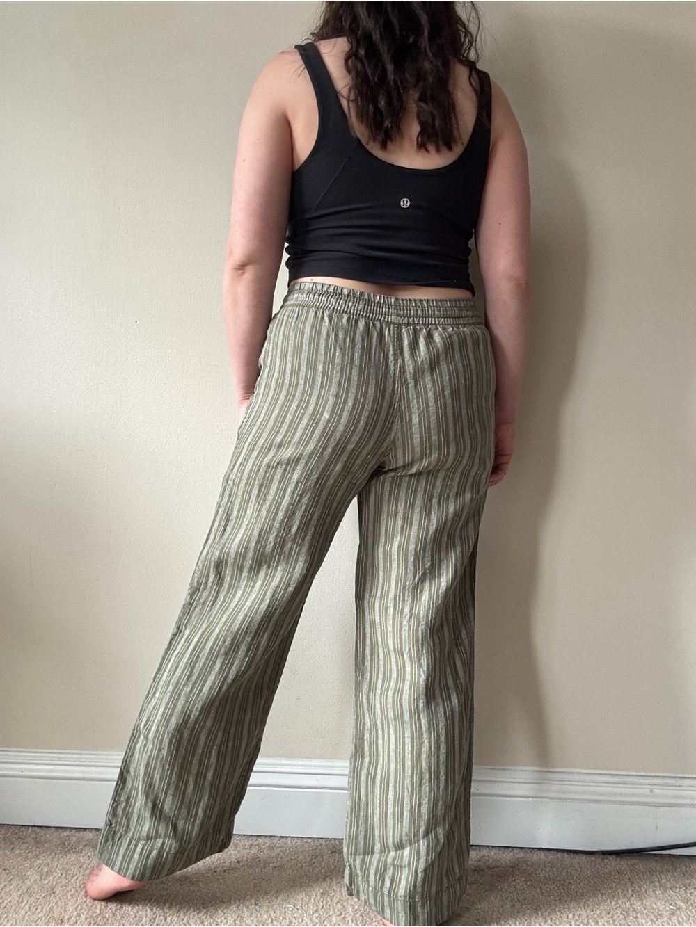 LL Bean Wide-Leg Striped Linen Pants in Olive - Picture 4 of 8